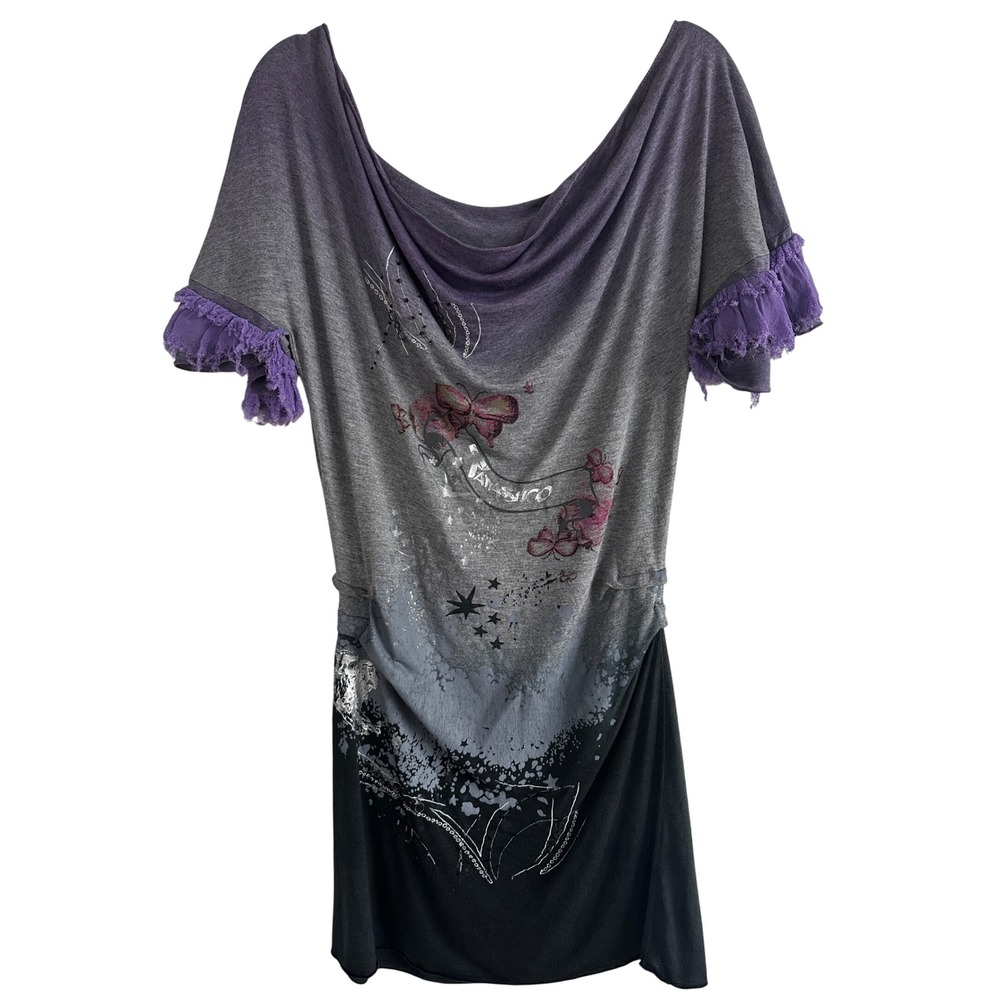 Parasuco Vtg Y2K Butterfly Graphic Tunic Top Black Sheer Ruffle Sleeve Small